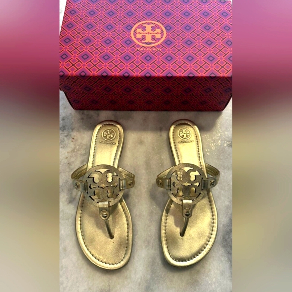 Tory Burch Metallic Gold Miller Logo Thong Sandals